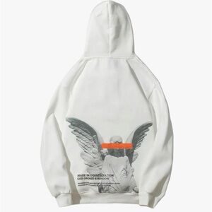 White Graphic Hoodie with Angel Print and Orange Accent